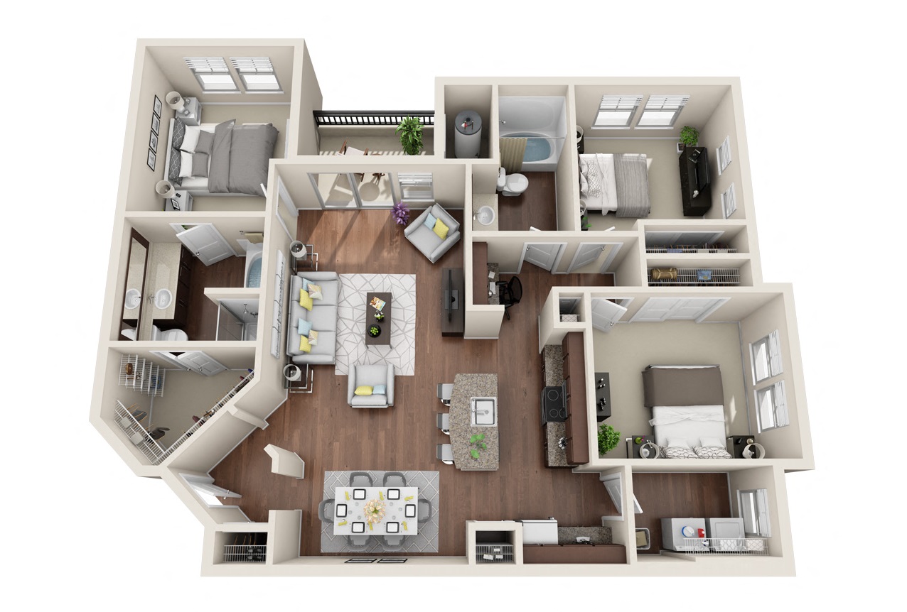 Floor plan for 3 beds, 2 baths, 1447 sqft